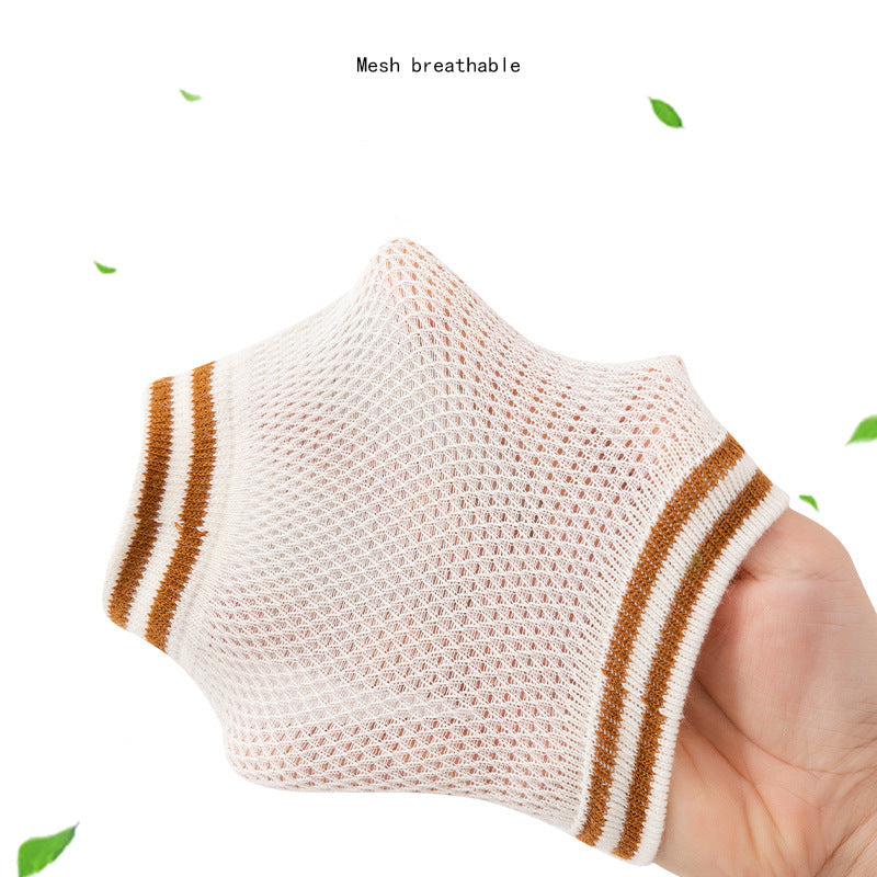 Mesh breathable sock held by a hand with text on a white background