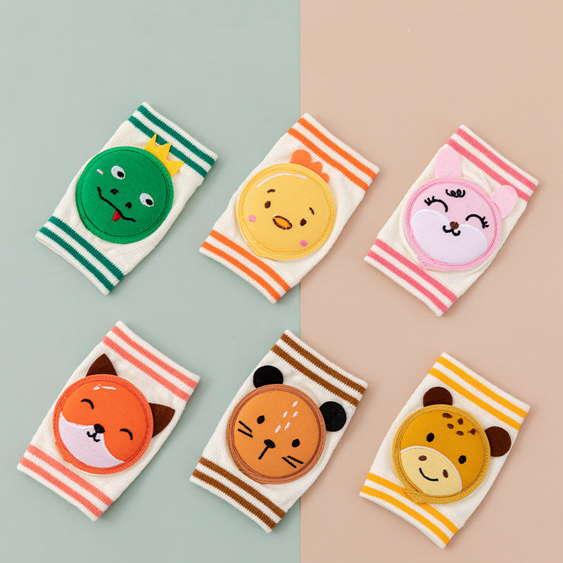 Set of six cartoon knee pads with animal faces on a two-tone background