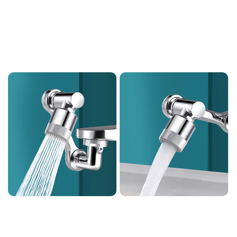 Two views of a faucet with water flowing, one showing a shower head and the other a stream of water, on a teal background.