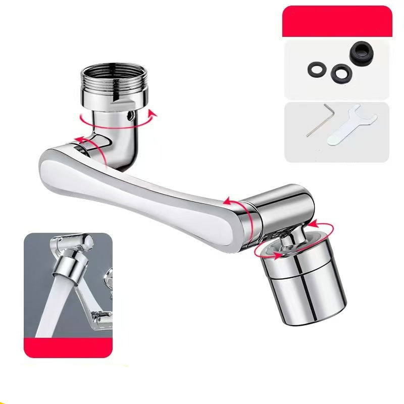 Chrome faucet with installation components and water flow demonstration on a white background