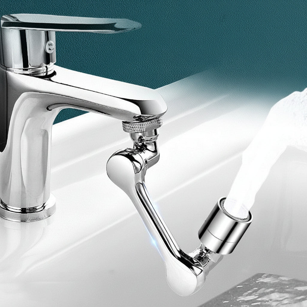 Chrome faucet with flexible hose on a white background