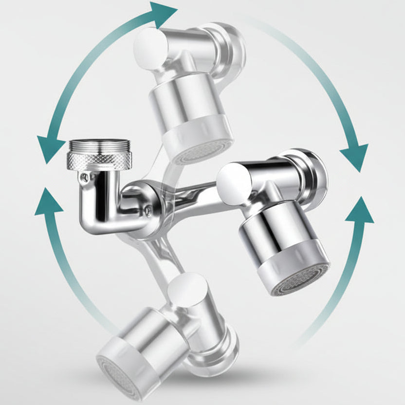 Chrome kitchen faucet with 360-degree rotation on a gray background