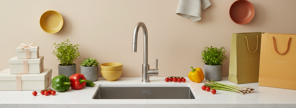 Modern kitchen with sink, countertop, and decorative elements